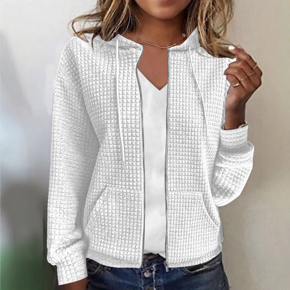 Women's quilted hooded jacket with waffle texture, full zip and kangaroo pockets StylebySassy