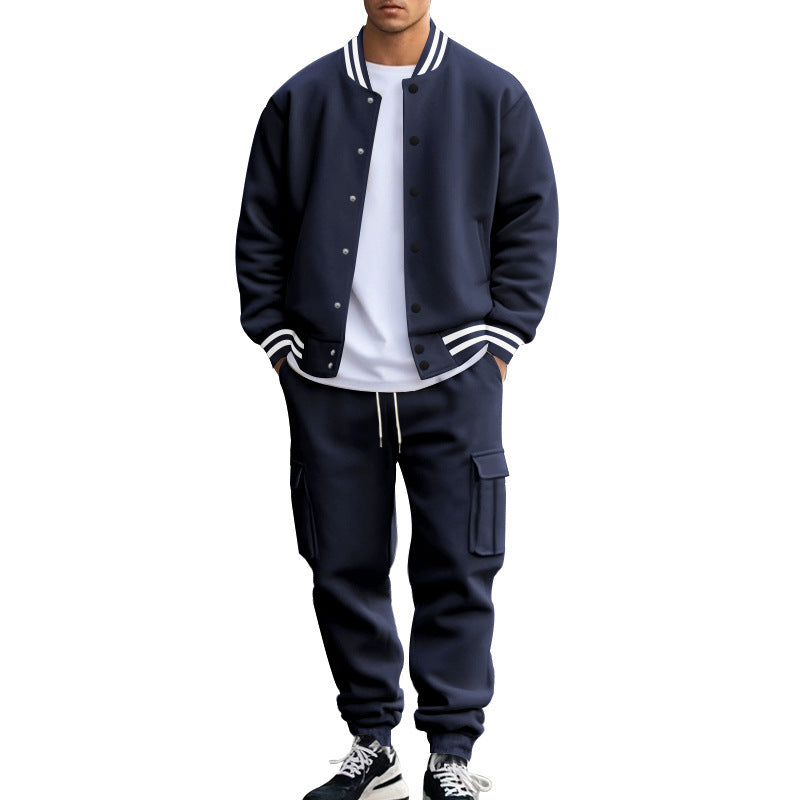 Men's sporty college two-piece made of heavy sweat with ribbed cuffs, snap-button bomber jacket and cargo jogger StylebySassy