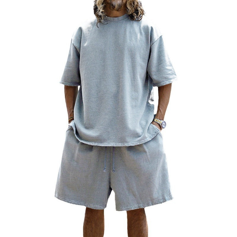 Men's casual short-sleeve shirt with loose sweat shorts made of heavy cotton jersey StylebySassy