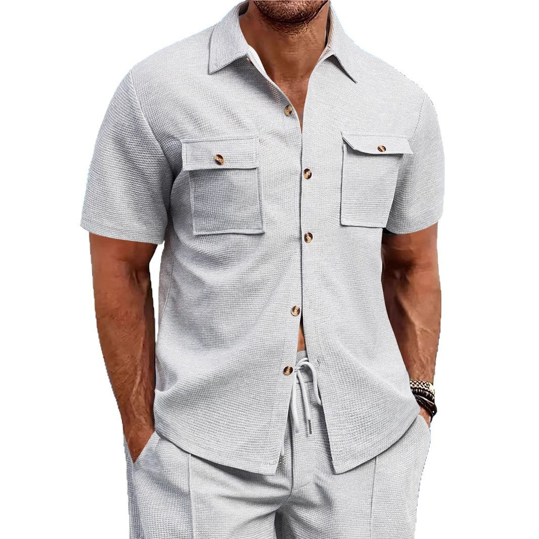 Men's structured waffle lounge set with shirt jacket, chest pockets and corded pants StylebySassy