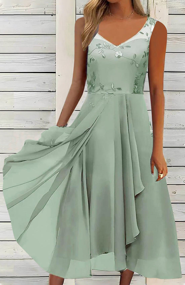 Women A-line chiffon dress with floral embroidered bodice, V-neck, draped godet swing and concealed side pockets StylebySassy