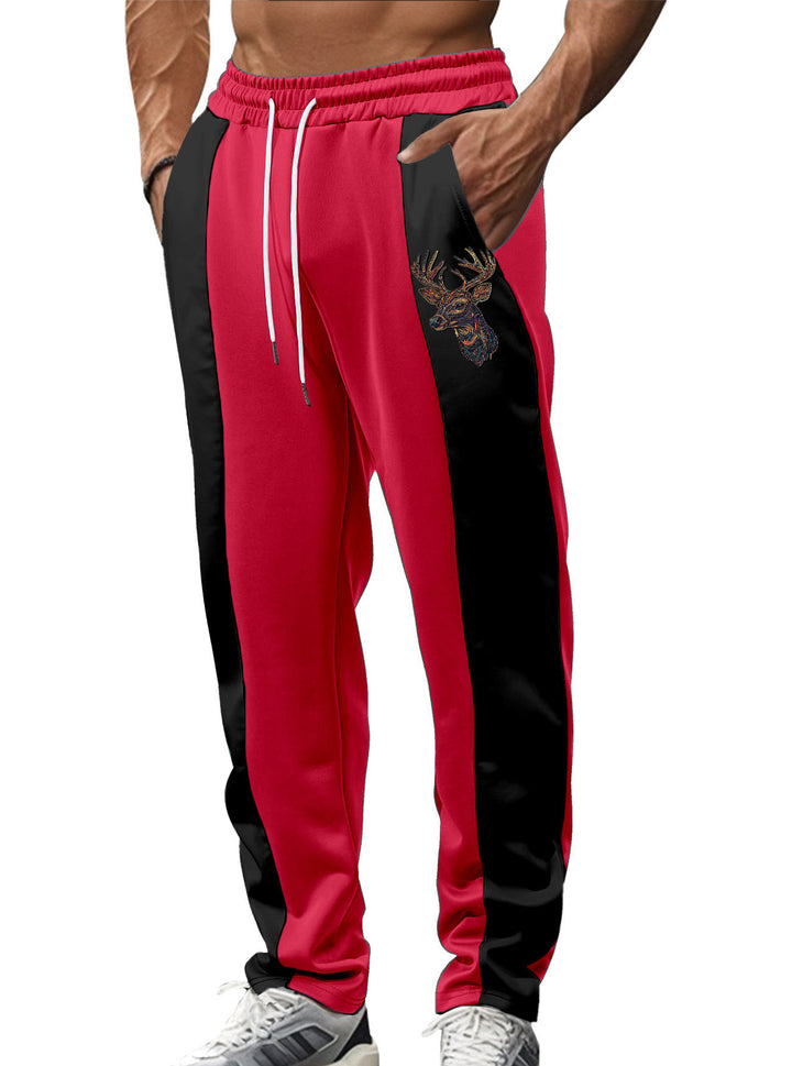 Men's sporty track pants with side contrast stripes, elastic waistband, drawstring, and deer embroidery StylebySassy