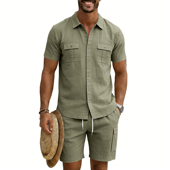 Men's summer leisure set made of cotton-linen blend with short-sleeve shirt and cargo shorts StylebySassy