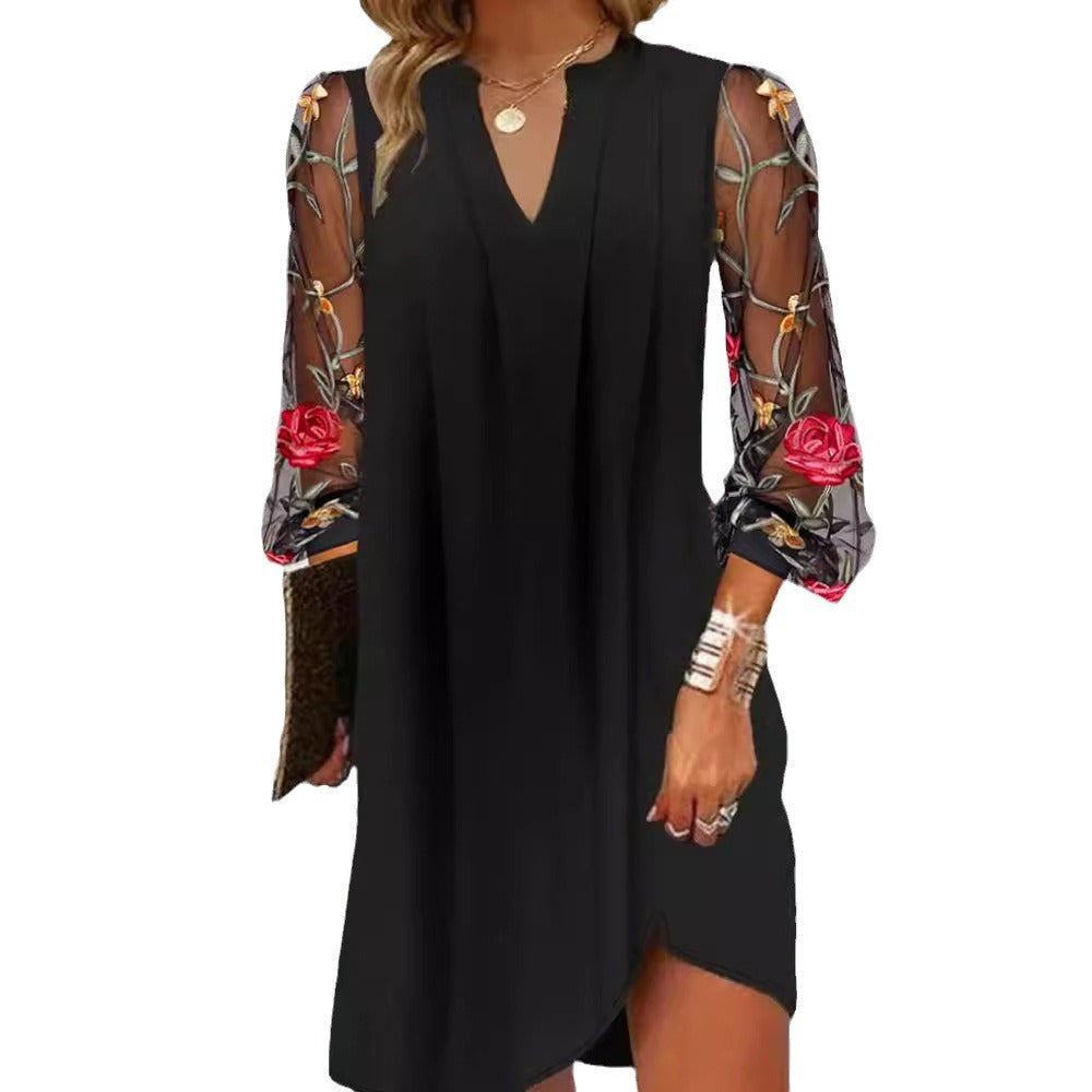 Ladies A-line dress with embroidered transparent sleeves and V-neck StylebySassy