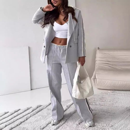 Women's sporty-elegant blazer two-piece with hooded blazer and wide training pants with side stripe StylebySassy