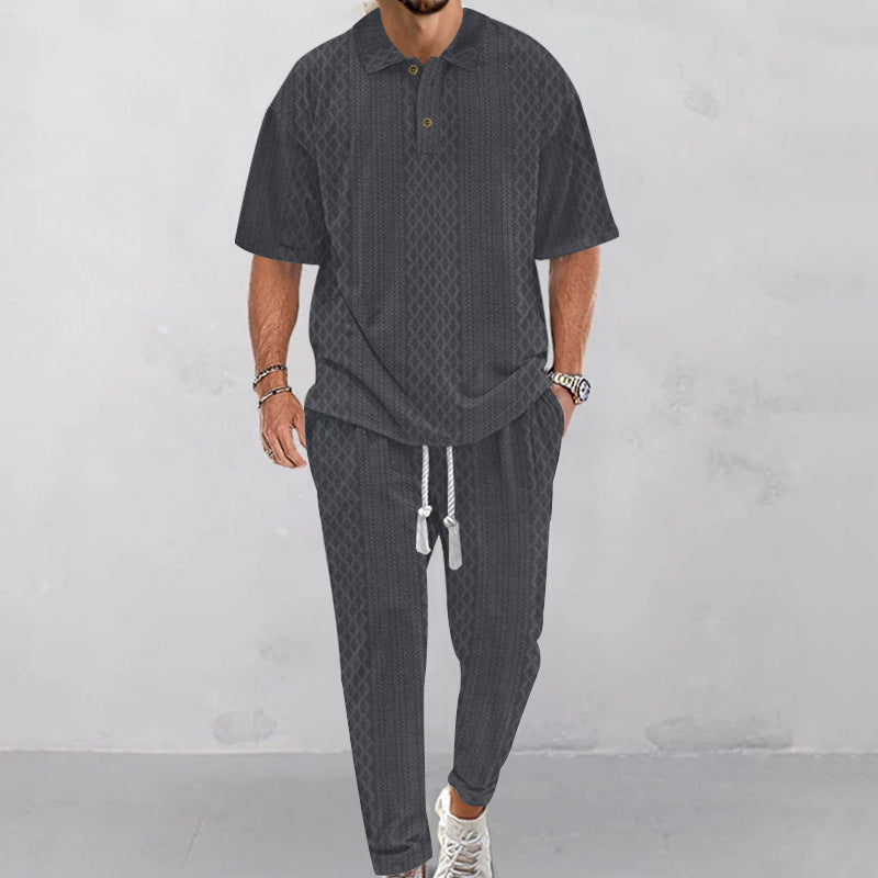 Men's jacquard loungewear set with polo collar, drawstring waistband, and tapered joggers StylebySassy