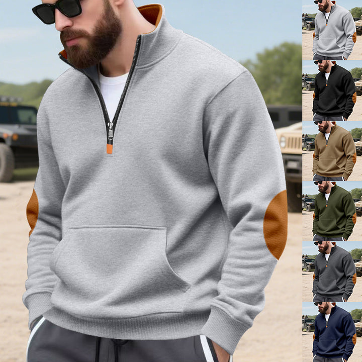 Men's Nano Insulated Half-Zip Pullover with Stand-Up Collar Fleece Lining Kangaroo Pocket and Suede Elbow Patches StylebySassy