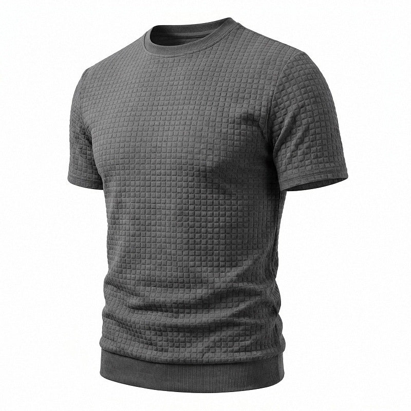 Men's short-sleeved knit shirt with embossed check structure, round neckline, and ribbed hem StylebySassy