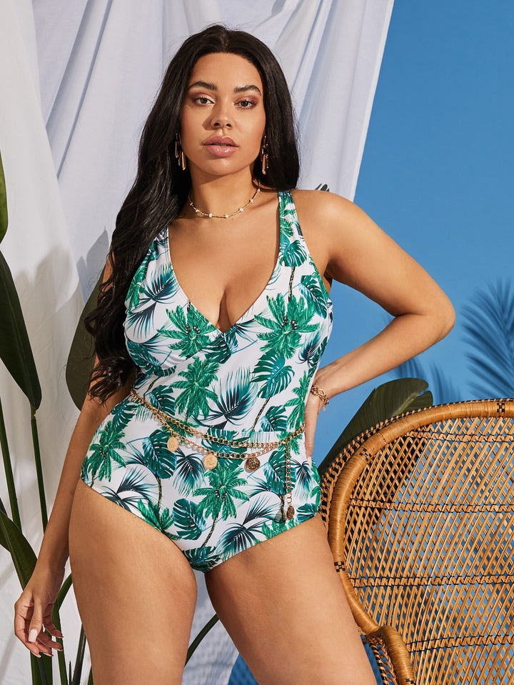 Women's One-Piece Swimsuit with Stylish Palm Print and Seductive V-Neck StylebySassy