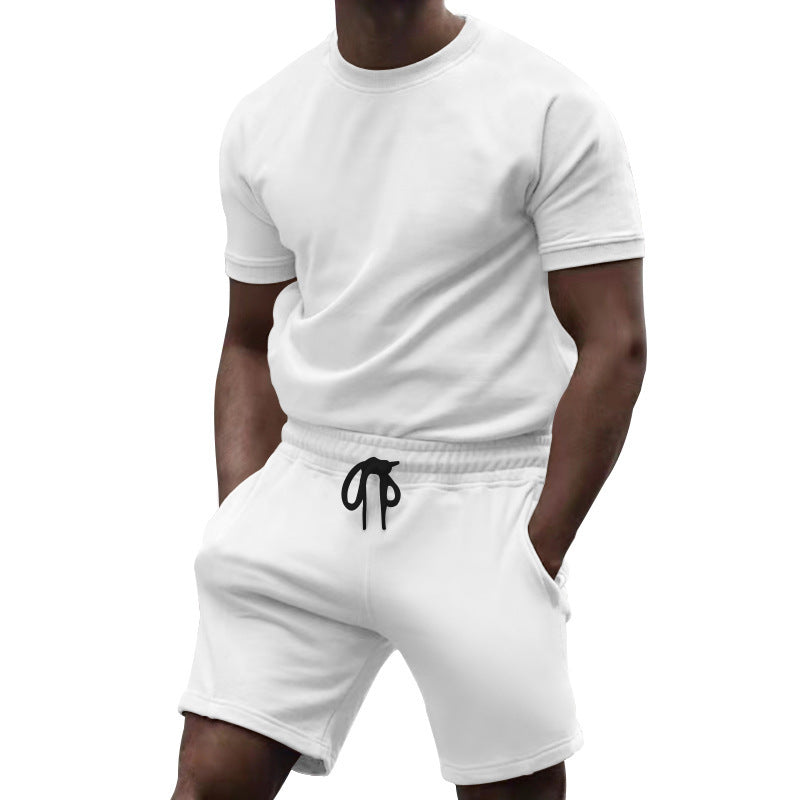 Men's short-sleeve sweat set made of soft sweatshirt fabric with a round neck shirt and drawstring shorts StylebySassy