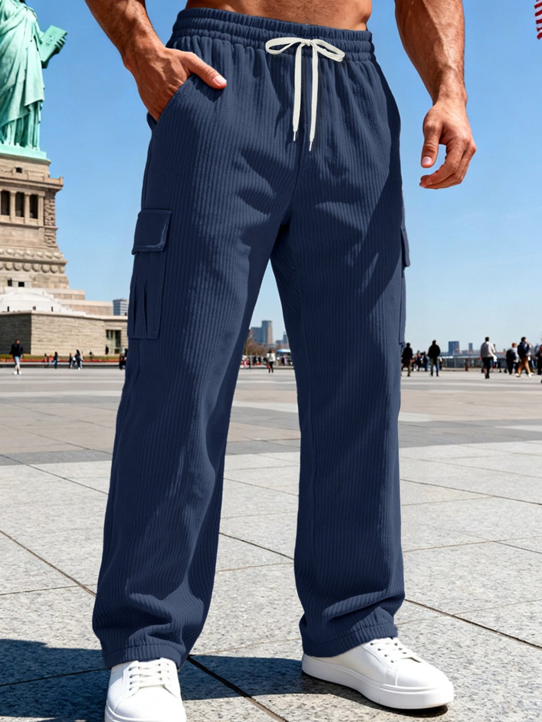 Men's knitted Cargo jogging pants with elastic drawstring waistband and side flap pockets StylebySassy