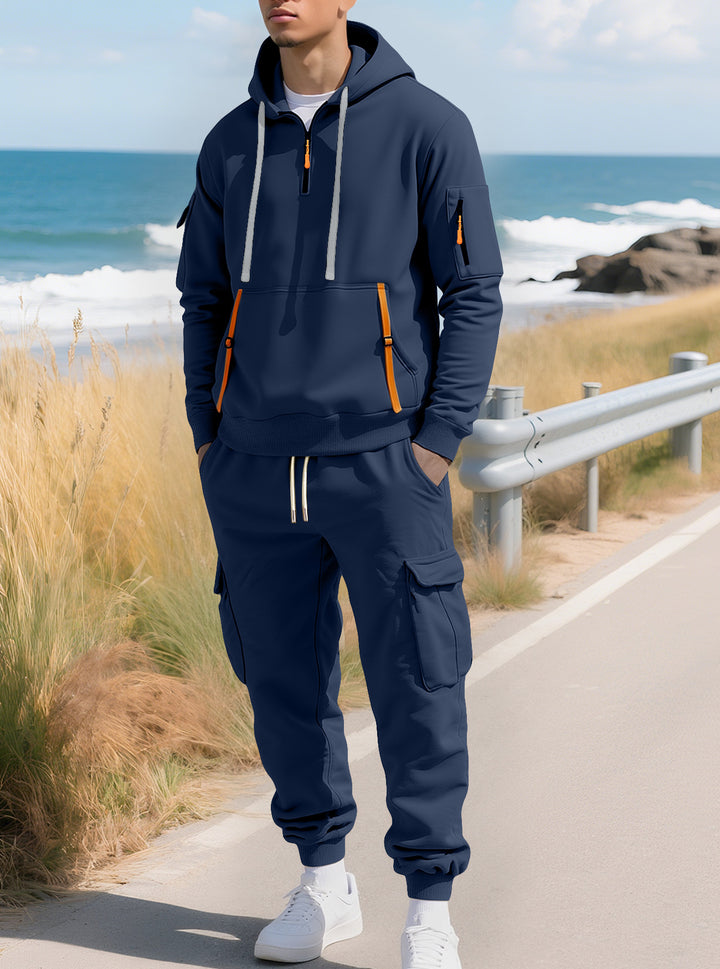 Men's casual half-zip hoodie with kangaroo pocket and cargo jogging pants with zipper details StylebySassy