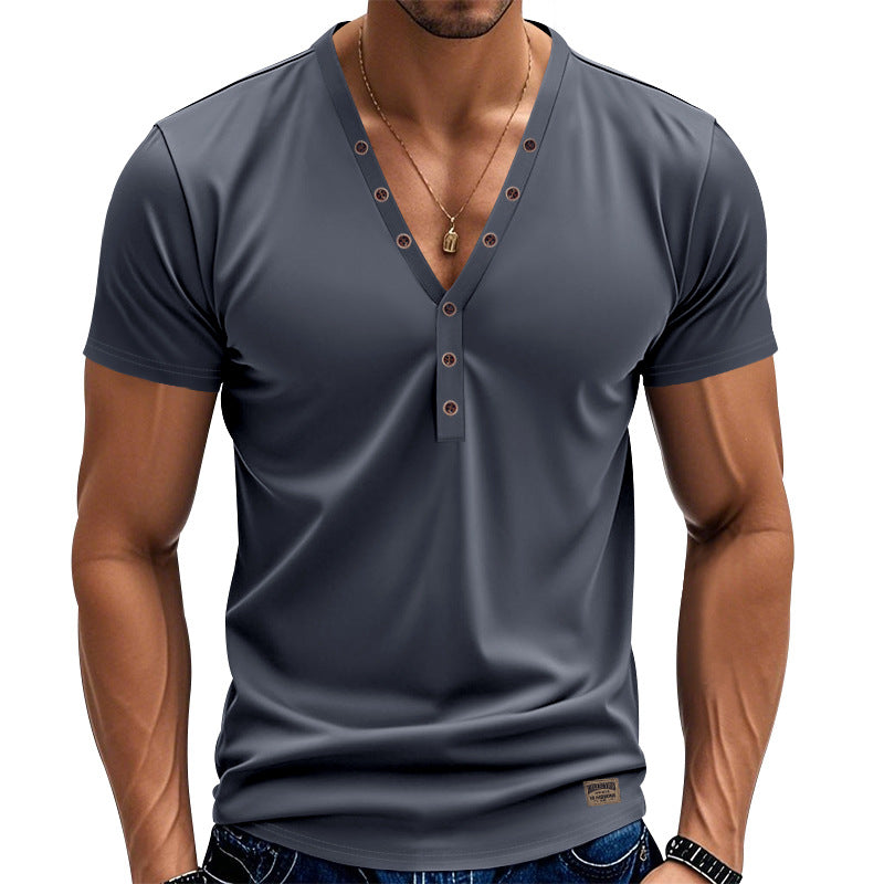 Men's tailored short-sleeve Henley shirt made of cotton-elastane with a deep V-neckline and decorative button placket StylebySassy