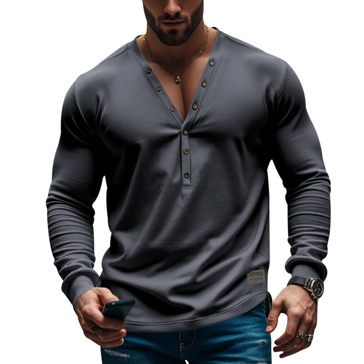 Men's tailored long-sleeve Henley shirt with deep V-neck and reinforced placket StylebySassy