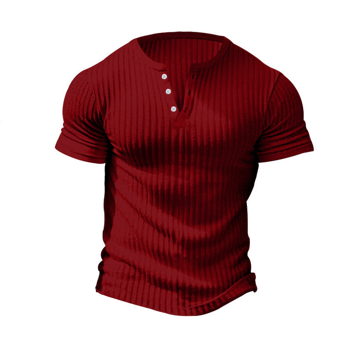 Men's fitted short sleeve Henley shirt with ribbed texture and short button placket StylebySassy