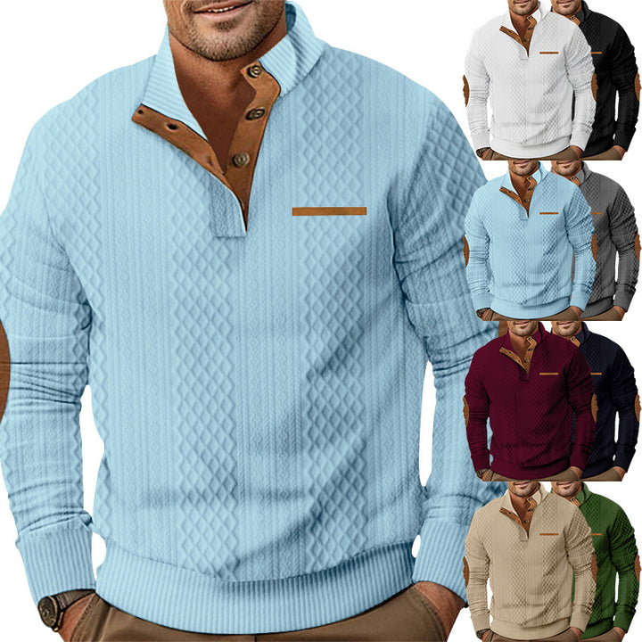 Men's knitted pullover with stand-up collar, button placket and elbow patches StylebySassy