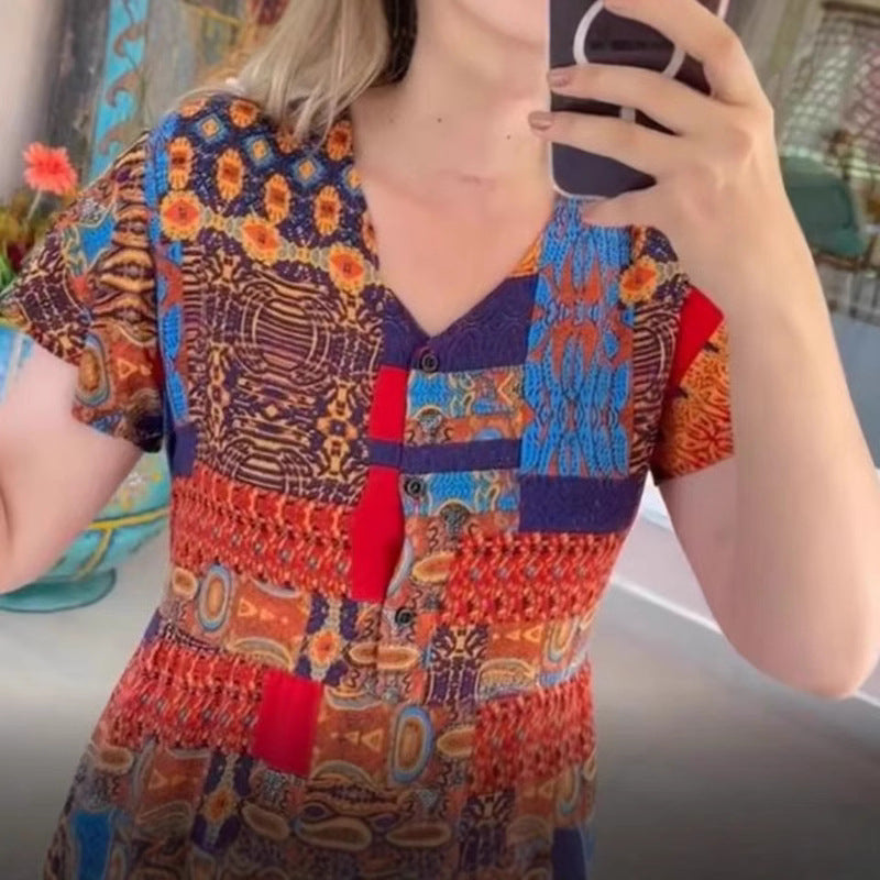 Women’s layered midi dress with V-neck, short sleeves, and patchwork look StylebySassy