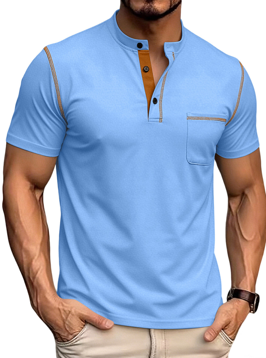 Men's short-sleeved polo shirt with stand-up collar button placket chest pocket made of elastic cotton blend StylebySassy