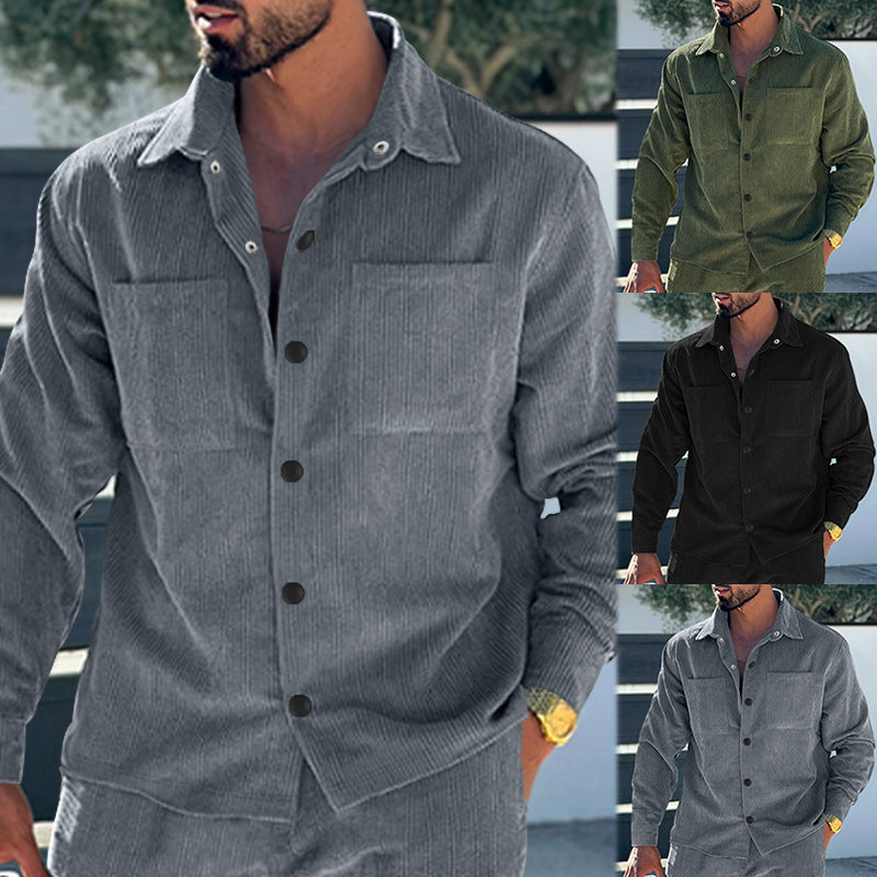 Men's padded corduroy overshirt jacket with visible button placket and chest welt pockets StylebySassy