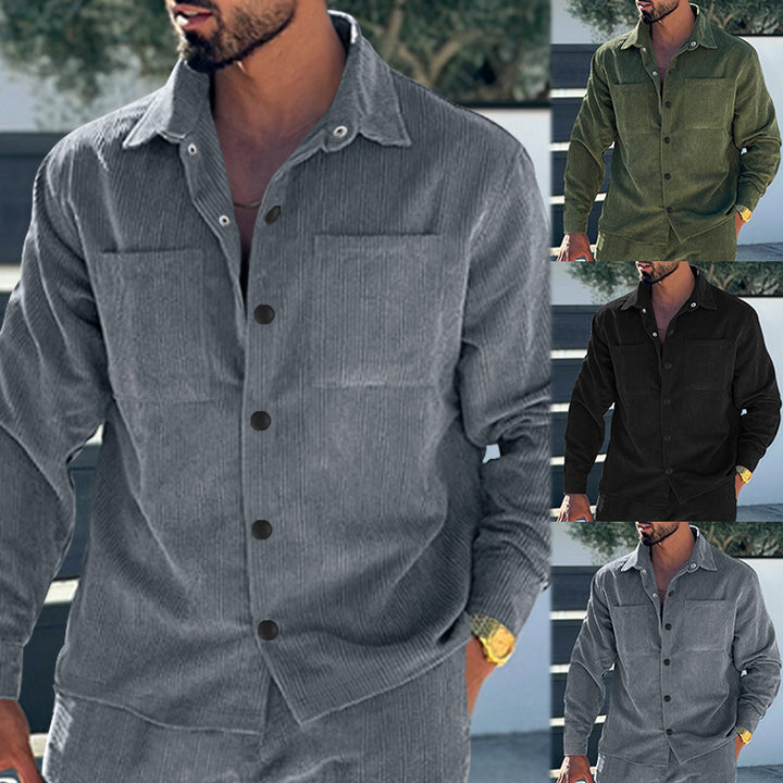 Men's padded corduroy overshirt jacket with visible button placket and chest welt pockets StylebySassy