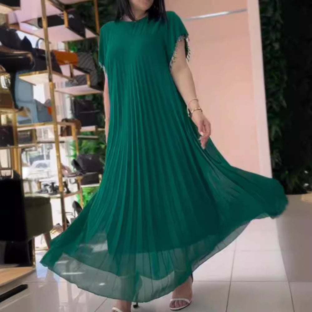 Women nan elegant chiffon pleated maxi dress with wide swing skirt and tassel sleeves StylebySassy