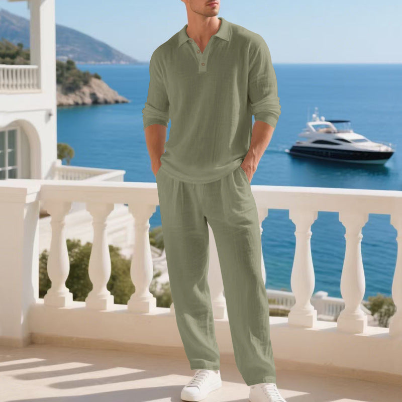 Men's lightweight linen ensemble with polo collar and elastic waistband pants StylebySassy
