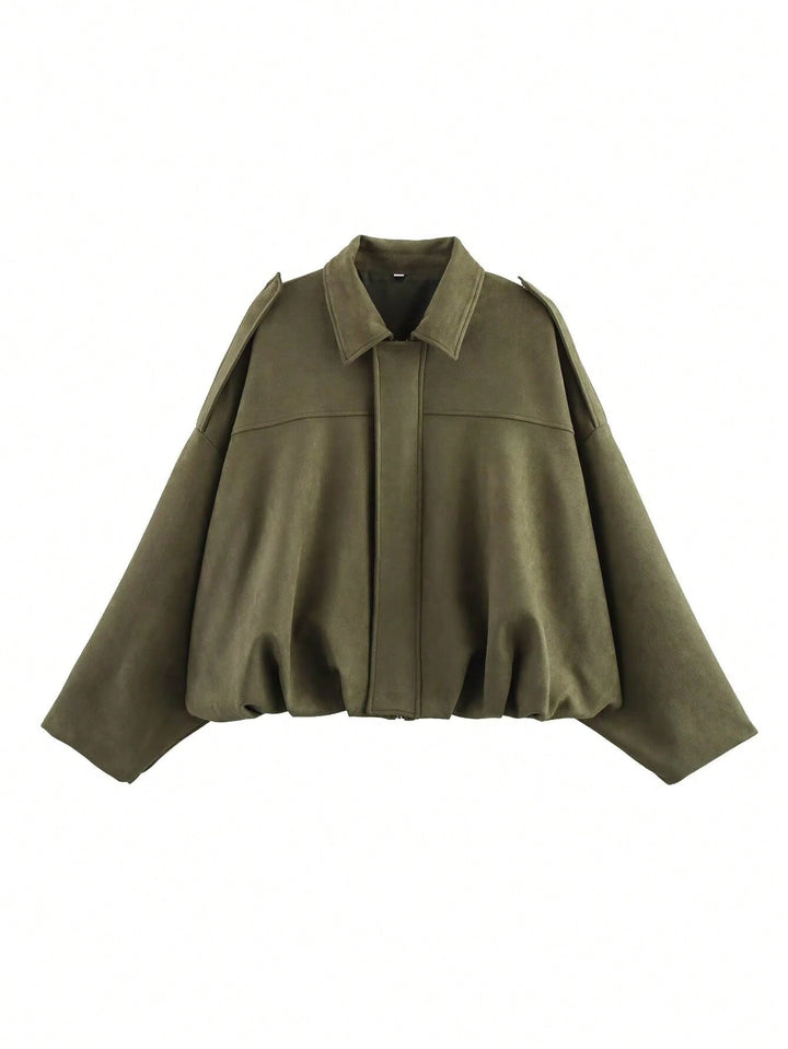 Women's loose short jacket with balloon hem, concealed closure and shoulder flaps StylebySassy