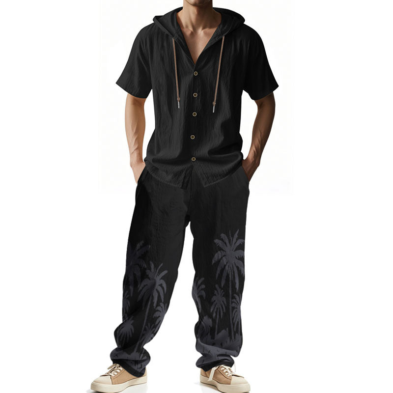 Men's casual summer ensemble with hoodie and wide palm motif pants StylebySassy