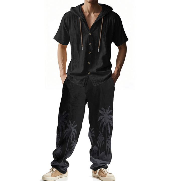 Men's casual summer ensemble with hoodie and wide palm motif pants StylebySassy