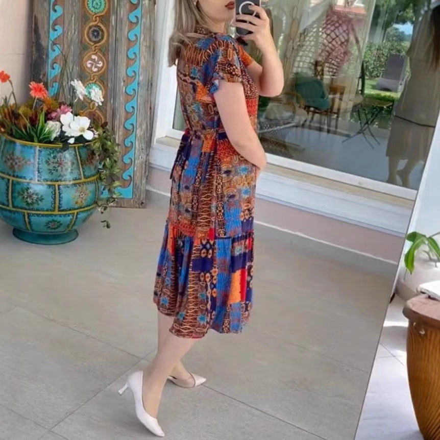 Women’s layered midi dress with V-neck, short sleeves, and patchwork look StylebySassy