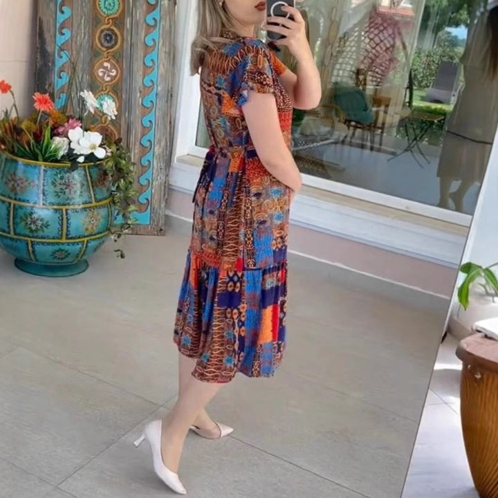 Women’s layered midi dress with V-neck, short sleeves, and patchwork look StylebySassy