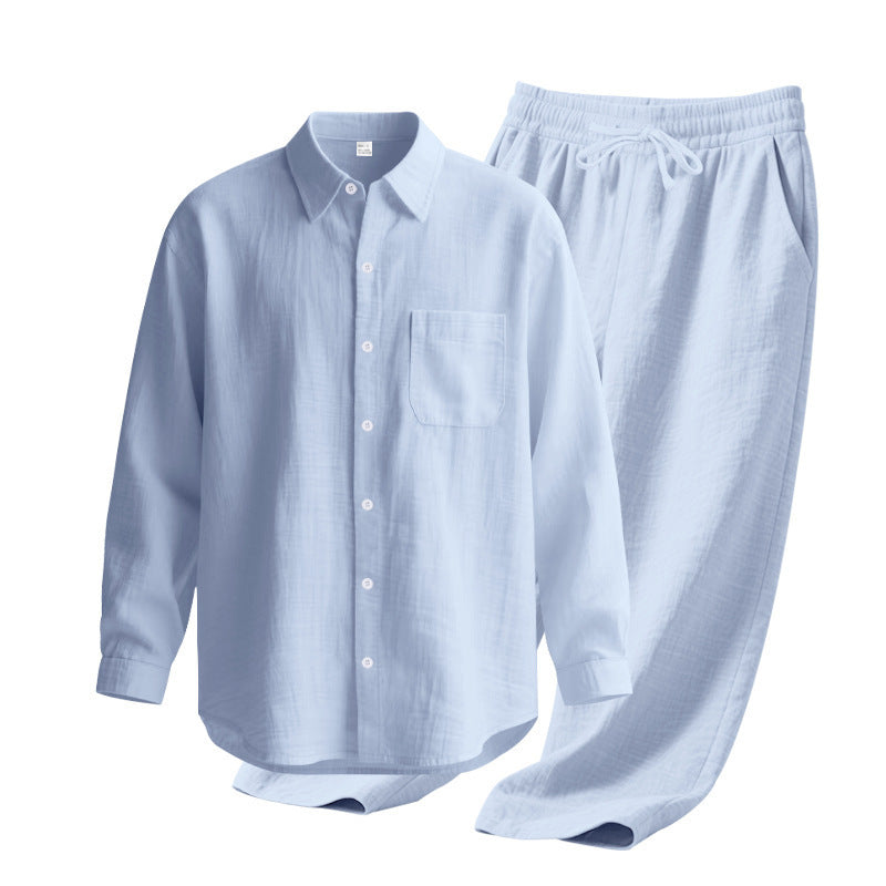 Men's light house suit made of cotton gauze with kent collar shirt, breast pocket and drawstring pants StylebySassy