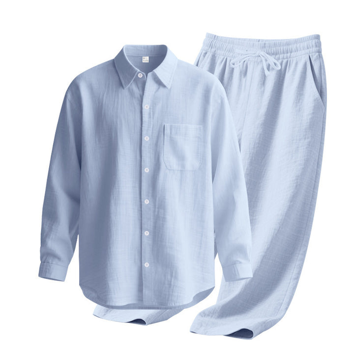 Men's light house suit made of cotton gauze with kent collar shirt, breast pocket and drawstring pants StylebySassy