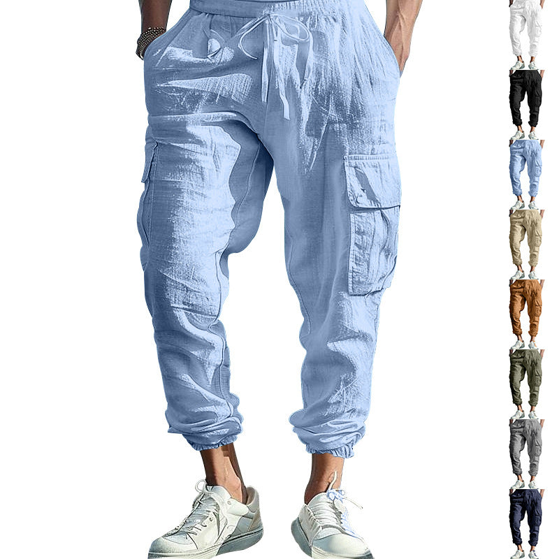 Men's Casual Linen Cargo Joggers with Drawstring Waist, Large Flap Pockets and Elastic Ankle Cuffs StylebySassy