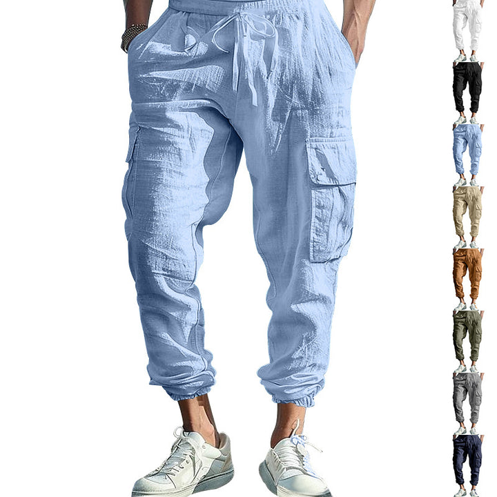 Men's Casual Linen Cargo Joggers with Drawstring Waist, Large Flap Pockets and Elastic Ankle Cuffs StylebySassy