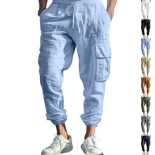 Men's Casual Linen Cargo Joggers with Drawstring Waist, Large Flap Pockets and Elastic Ankle Cuffs StylebySassy