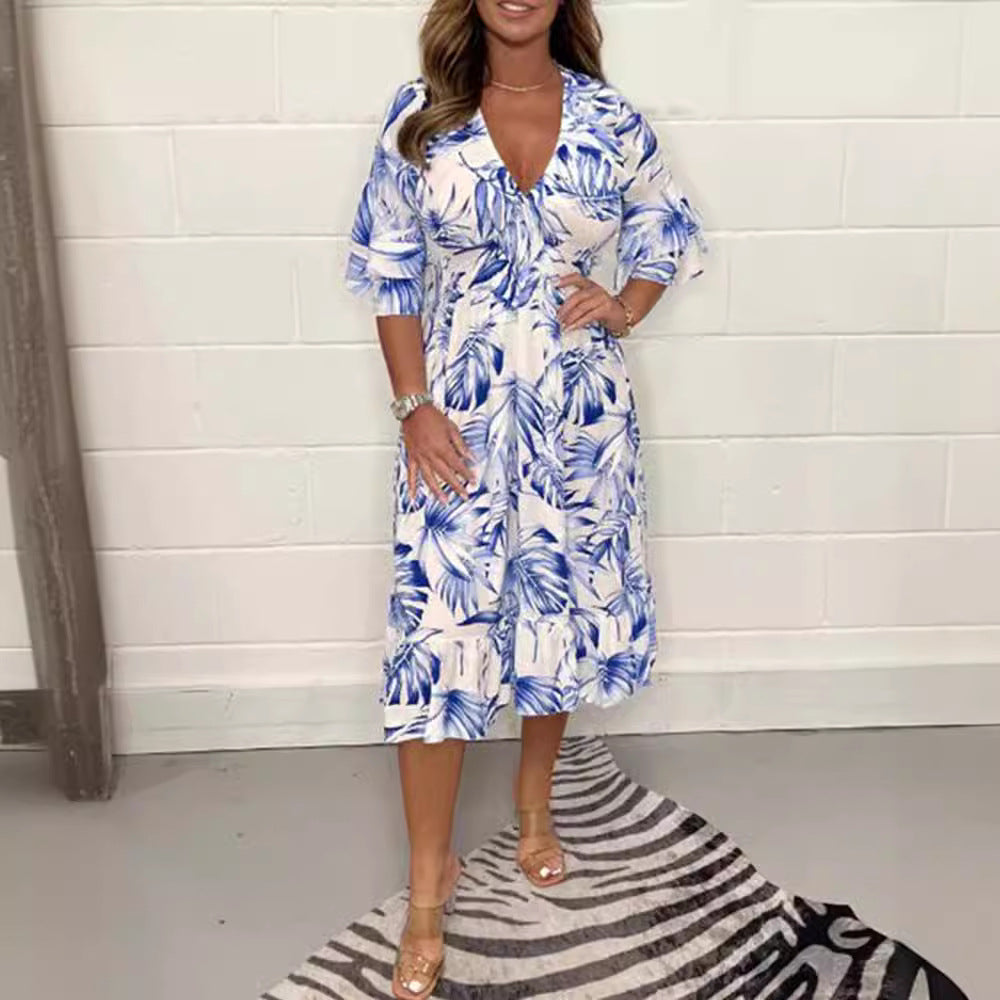 Women nan midi dress with leaf print, V-neck, gathered empire waist and ruffled tiers StylebySassy
