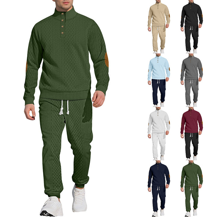 Men's patterned knit leisure set with half-button stand collar suede elbow patches and drawstring joggers StylebySassy