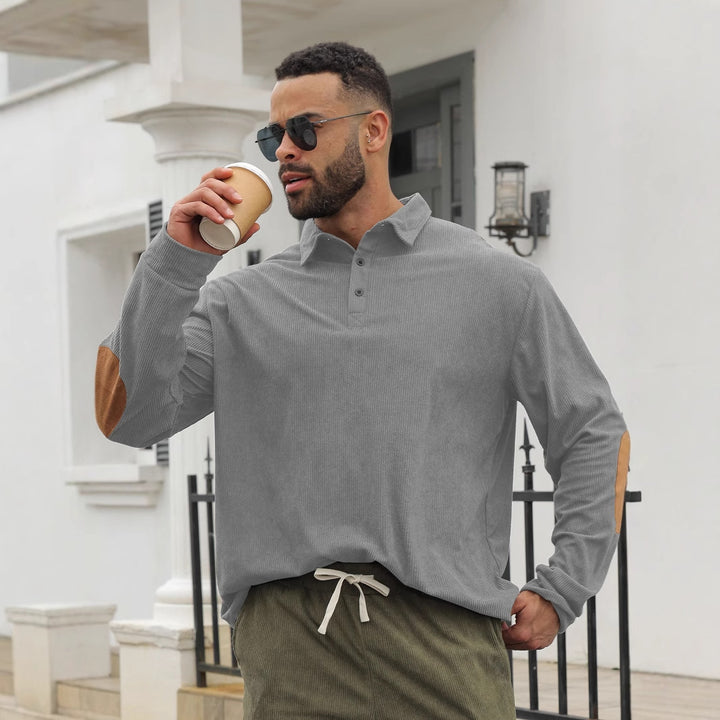 Men's nan legeres long sleeve polo shirt with shirt collar, short button placket, fine texture and velour elbow patches StylebySassy