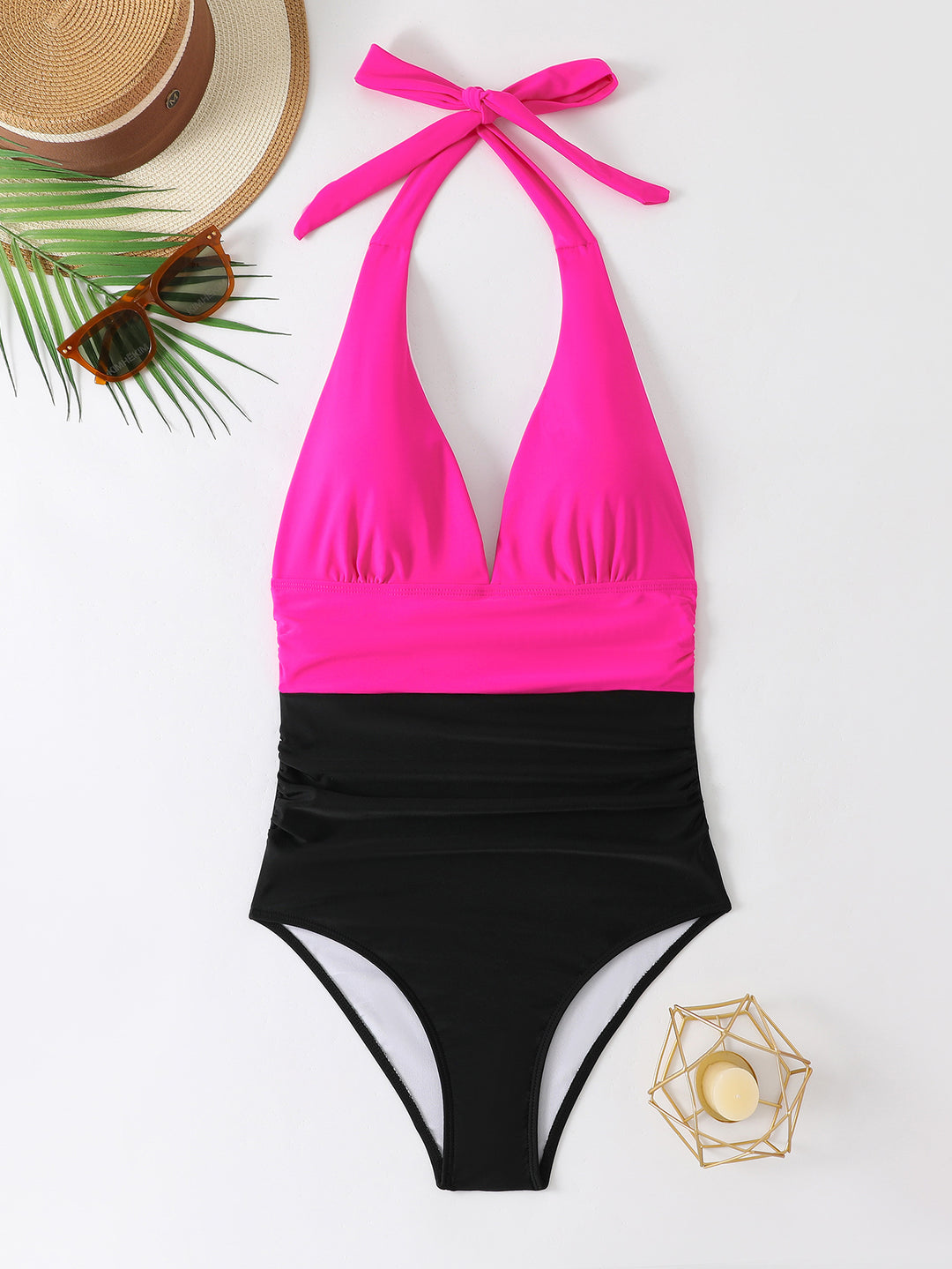 Women's one-piece swimsuit with deep V-neck and striped gathering effect StylebySassy