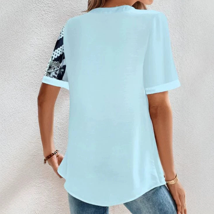 Women two-piece shirt blouse with asymmetrical pattern mix, button placket and loose hip length StylebySassy