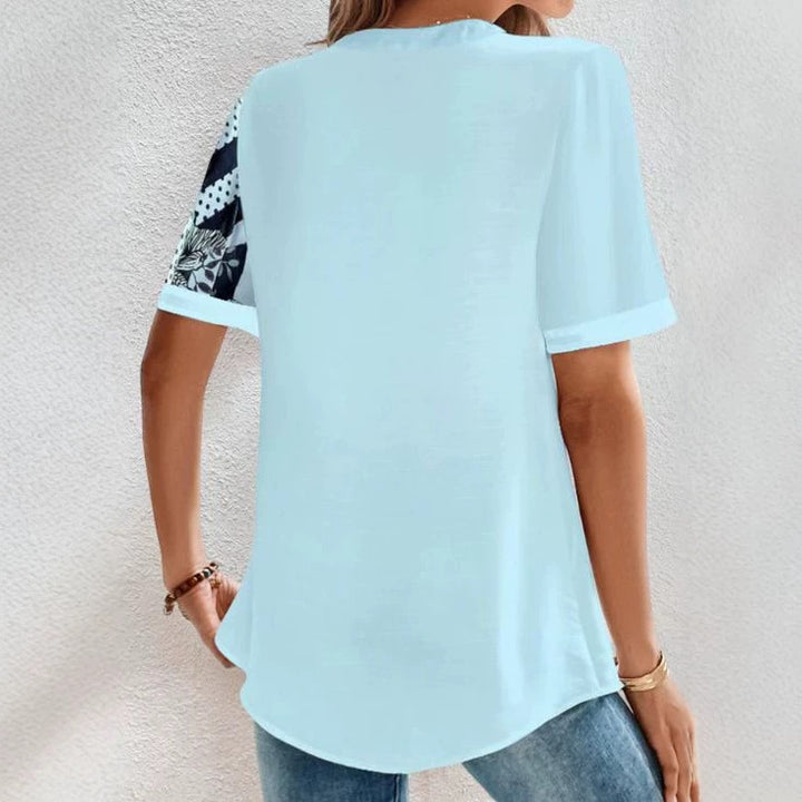 Women two-piece shirt blouse with asymmetrical pattern mix, button placket and loose hip length StylebySassy