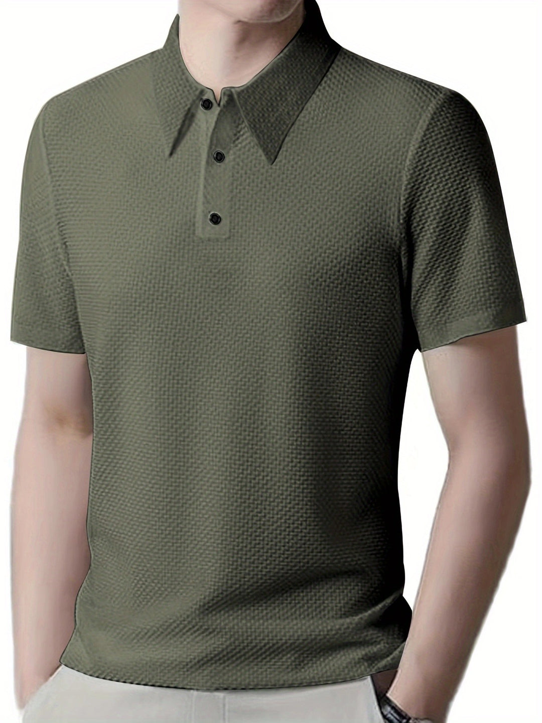 Men's structured short sleeve polo with pointed shirt collar and three-button placket StylebySassy