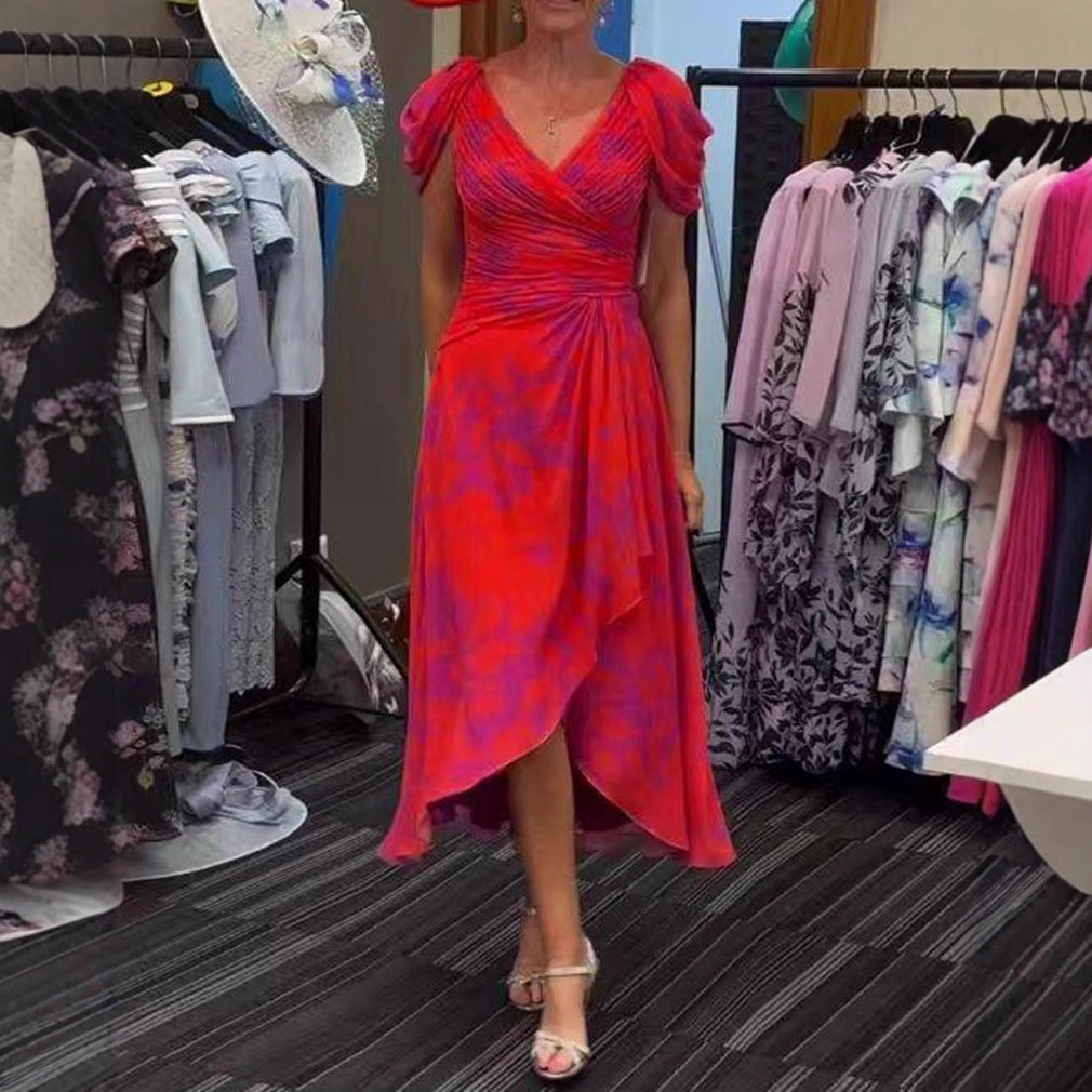 Women's festive chiffon mididress with crossed V-neck, waist gathering, and asymmetrical tulip skirt StylebySassy