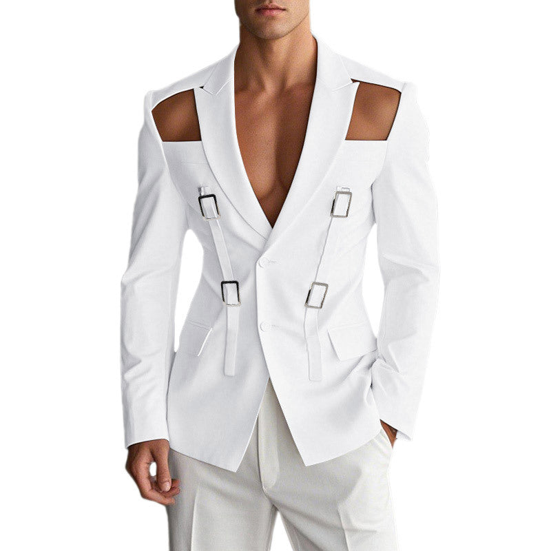 Men's avant-garde blazer with shoulder cutouts and buckle straps StylebySassy