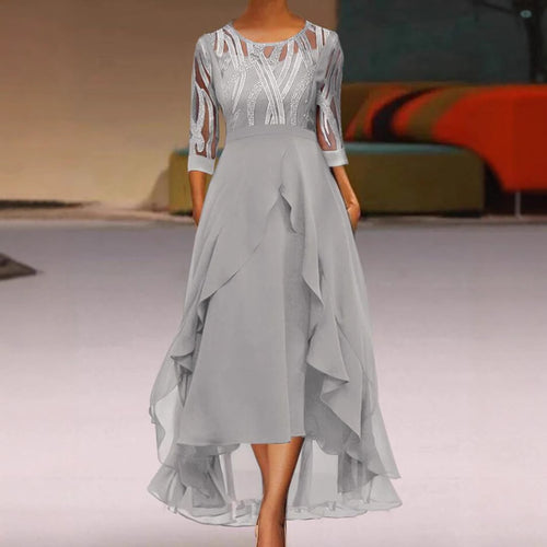 Women's elegant chiffon evening dress with embroidered tulle bodice, three-quarter sleeves, and asymmetric tiered hem StylebySassy