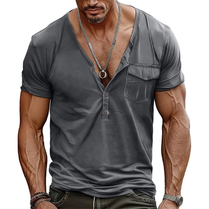 Men's nano athletic short sleeve shirt with deep V-neck, button placket and chest pocket StylebySassy