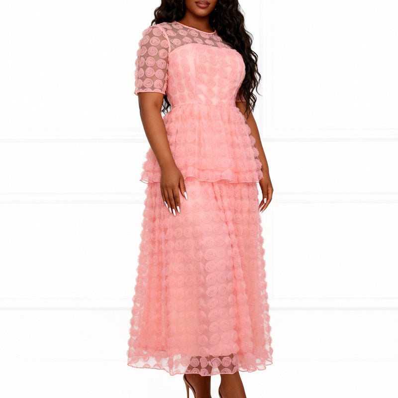 Women romantic tulle dress with floral design and layered skirt