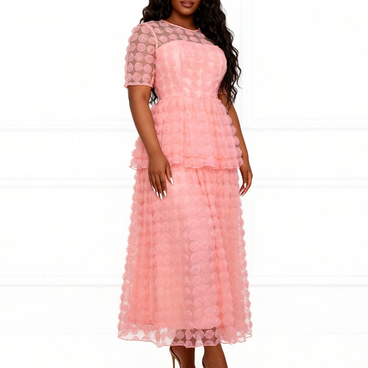 Women romantic tulle dress with floral design and layered skirt