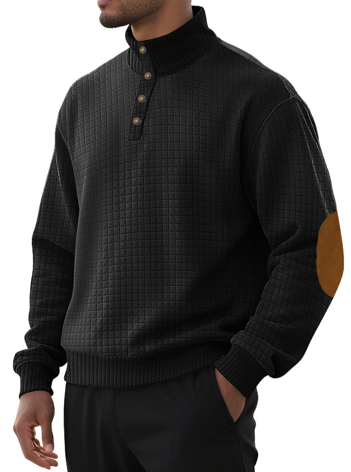 Men's plaid quilted sweatshirt with Henley placket, high stand-up collar, and velour elbow patches StylebySassy